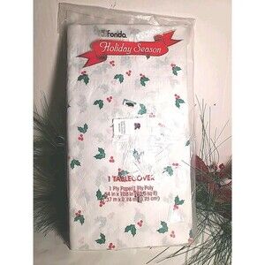NEW Vintage Fonda 54 x 108 Waterproof  CHRISTMAS Tablecloth Floral Holly USA